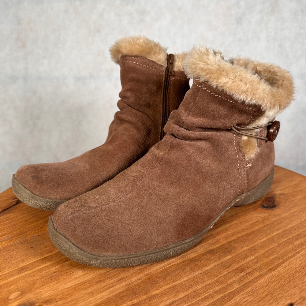 BareTraps Ankle Boots Womens 8.5 Brown Good Suede Faux Fur Trim Zip Up Slouchy
